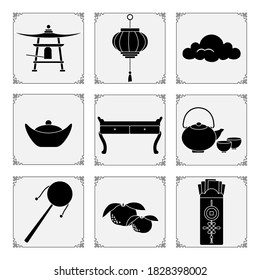 Symbols of the Chinese New Year 2021 Vector illustration Chinese lantern, bell, cloud, teapot and cups, table, ingot, envelope with money, tangerines, rattle. Holiday Traditions in China. Celebration