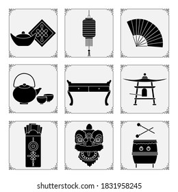 Symbols of the Chinese New Year 2021 Vector illustration Chinese lantern, bell, fan, teapot and cups, table, ingot, drum, envelope with money, lion mask. Holiday Traditions in China. Celebration