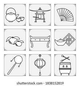 Symbols of the Chinese New Year 2021 Vector illustration Chinese lantern, bell, fan, teapot and cups, table, ingot, drum, tangerines, rattle. Holiday Traditions in China. Celebration Design for print