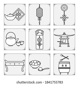 Symbols of the Chinese New Year 2021 Vector illustration Chinese lantern, drum, bell, ingot, food sweet rice balls tangyuam, coin, table, teapot, cups, envelope with money. Holiday Traditions in China
