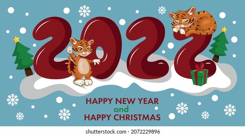 Symbols of the Chinese New Year 2022 striped tiger, festive panoramic web template background - Vector illustration