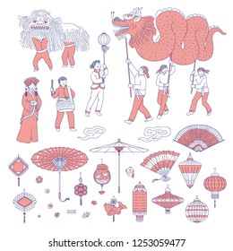 Symbols Chinese New year people in traditional costumes. Vector line art set lanterns talismans for holiday home decoration. National celebration parade and symbols of China culture.