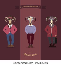 Symbols of Chinese New Year-goat and sheep in hipster clothes. Vector
