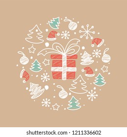 Symbols of Christmas. Illustration in doodle style on a beige background.