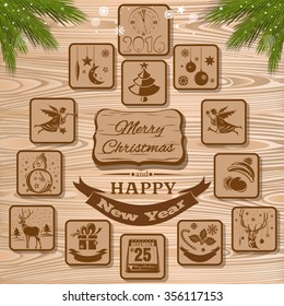 Symbols of Christmas and New Year 216. Christmas vector icons collection on a wooden background. Set 4.