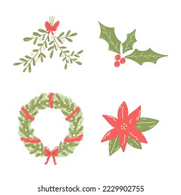 Symbols of Christmas and New Year wreath, mistletoe, poinsettia, holly berry in cartoon flat style. Hand drawn vector illustration of festive decoration,