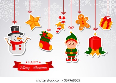 Symbols of Christmas as snowman, shoe gift, gingerbread, elf, christmas star, christmas candle, gift and candy cane on paper web hanging