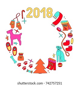 Symbols of christmas and year dog, circle wreath, two, zero, one, eight