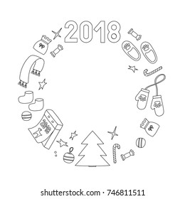 Symbols of christmas and year dog, circle wreath, two, zero, one, eight
