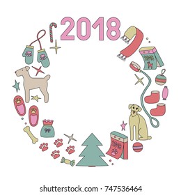 Symbols of christmas and year dog, circle wreath, two, zero, one, eight