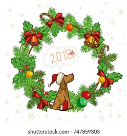 Symbols of christmas and year dog, circle wreath 2018