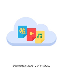 Símbolos de música de cine y archivos multimedia dentro del icono de nube digital. Video Almacenamiento en la nube de elementos de archivos de música y audio. Vector plano simple aislado en el fondo blanco