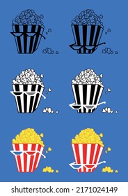 Symbols of cinema popcorn with 3D glasses in two different types of character and in three types of colors. 