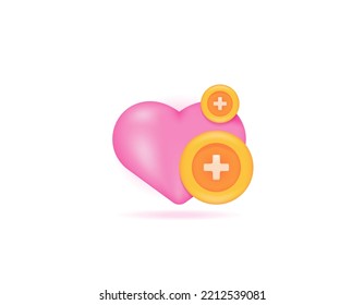 symbols of coins, hearts or love, and plus. icons about health costs, health insurance, emergency money. 3d and realistic illustration concept design. graphic elements