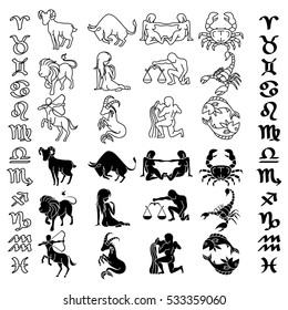 Symbols collection of Zodiac and horoscope, astrology and mystic signs, vector art and illustration.