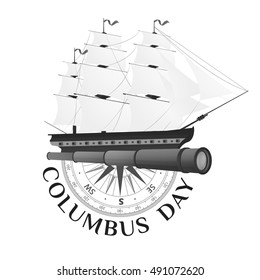 Symbols to Columbus Day. A Collage from an old ship, spyglass and compass. Vector illustration.