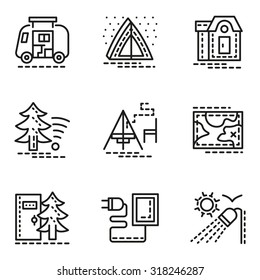 Symbols of comfort camping. Flat line style vector icons set. Tent, navigation, rest, wi-fi and other services. Web design elements for business.