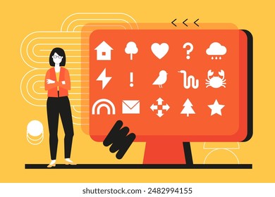 Symbols for communication - flat design style icons set illustration. Monitor screen depicts house, tree, heart, bird, snake, crab, rainbow, letter, star, question and exclamation. Woman professional