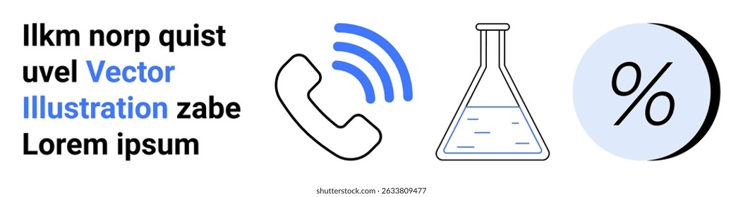 Symbols for communication phone , science flask , and percentages with text. Ideal for technology, education, marketing, finance, business, analytics, infographics Landing page