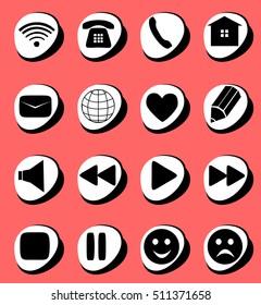Symbols connection, e-mail, play, pause, phone, communication set. Simple Internet button beauty shape. Vector illustration for web design. A set of black symbol on pink background