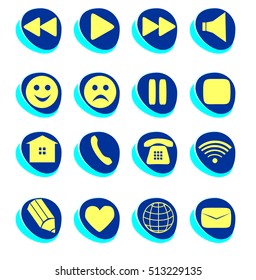 Symbols connection, play, pause, phone, communication set. Simple Internet button. Vector illustration for web design. A set of yellow and blue symbol on white background