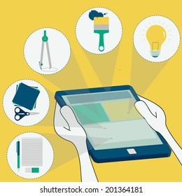 Symbols of creativity in tablet: notebook, pen, eraser, scissors, paper, drafting compass, paint, light. Surfing the tablet.