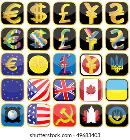Symbols of currencies and flag of the different countries made in the form of icons