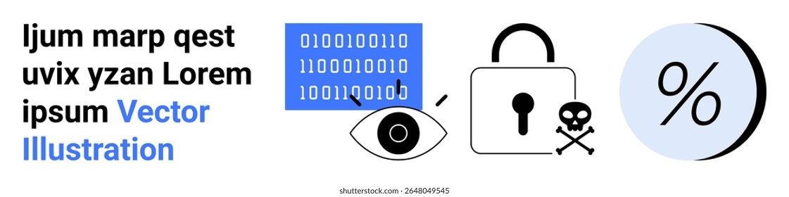 Symbols of cyber elements including binary code, eye, lock, skull, and percentage. Ideal for technology, data protection, security awareness, coding, online privacy, hacking, infographics Landing