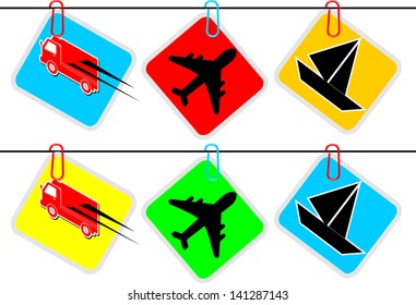 symbols for delivery with paper clip - car, airplane, ship