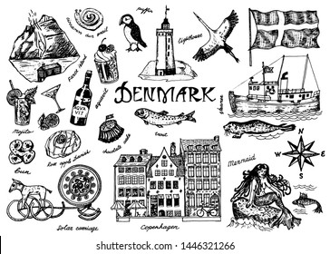 Symbols of Denmark in vintage style. Retro sketch with traditional signs. Scandinavian culture, national entertainment in European country. Homes, drinks, mermaid and ship, animals and sea creatures.