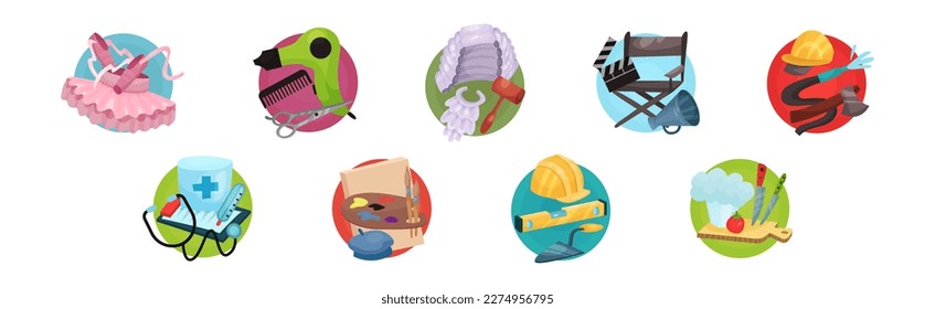 Symbols of Different Occupations Arranged in Circle Vector Set