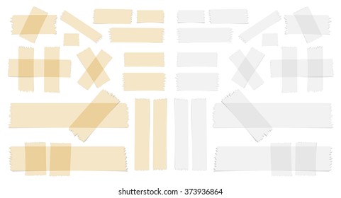 Symbols and different size sticky, adhesive tape pieces on white background