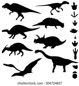 Symbols of dinosaurs and dinosaur footprints. Collection of dinosaur silhouettes.