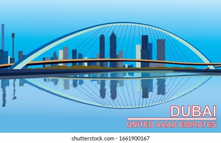 The symbols of Dubai - United Arab Emirates - Tolerance bridge across the canal background view with Dubai city drawing in vector