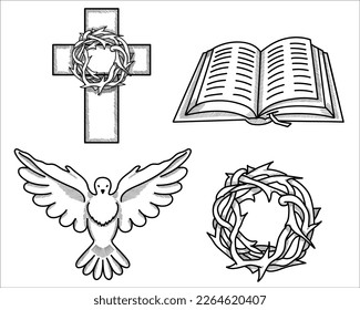 Symbols of Easter, cross, Bible, dove, crown of thorns, black and white