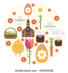 Symbols of Easter in a modern design in the form of a circle.Modern design, elements for logos, banners, postcards and congratulations.