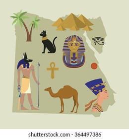 The symbols of Egyptian culture. Map of Egypt.Vector illustration