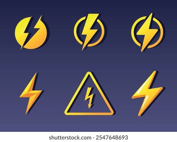 Símbolos de la electricidad. Relámpagos amarillos y señales de advertencia, símbolos de energía y peligro