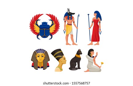 Symbols, Elements, Attributes And Sacred Animals Of Ancient Egyptian Culture Vector Illustration Set Isolated On White Background