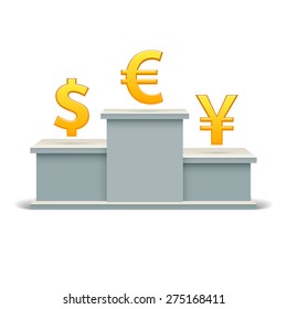 Symbols of Euro, Dollar, Yen on sports podium