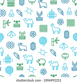 Symbols of Fabric Feature Seamless Pattern Background on a White Include of Cotton, Silk Bamboo and Wool. Vector illustration of Alpaca, Lama and Sheep