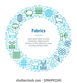 Symbols of Fabric Feature Thin Line Banner Card Circle Include of Cotton, Silk Bamboo and Wool. Vector illustration of Alpaca, Lama and Sheep