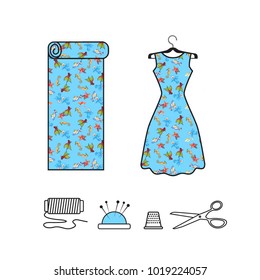 Symbols of fashion. A roll of cloth with a with a picture of marine animals. Dress on a hanger. Sewing accessories. Scissors, threads and pins with a thimble. Isolated vector objects

