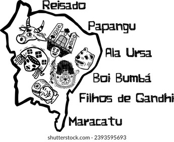 Symbols of festivities in northeastern Brazil. Reisado (kings party), Papangu, Ala Ursa (Bear Wing), Boi (Ox) Bumbá, Filhos de Gandhi (Sons of Gandhi).