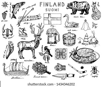 Symbols of Finland in vintage style. Doodle sketch with traditional signs. Scandinavian culture, national entertainment in a European country. Animals and forest, bath and flag, winter and cold.