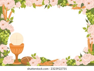 Symbols of the first communion in a rectangular frame. Vector. Golden bowl for wine, bread, wine, grapes, white roses. Composition for beautiful invitation design.