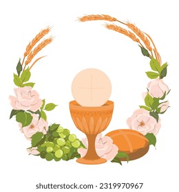 Symbols of the first communion in a round composition, wreath. Vector. Golden bowl for wine, bread, wine, grapes, white roses. Elements for beautiful invitation design.