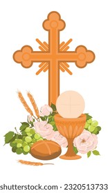 Symbols of the first communion. Vector. Golden bowl for wine, crucifix, bread, wine, grapes, white roses. Elements for beautiful invitation design. Festively decorated altar.