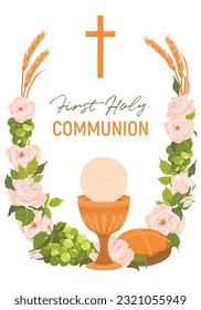 Symbols of the first communion. Vector. Golden bowl for wine, crucifix, bread, wine, grapes, white roses. An invitation to celebrate the Eucharist. Festively decorated altar.