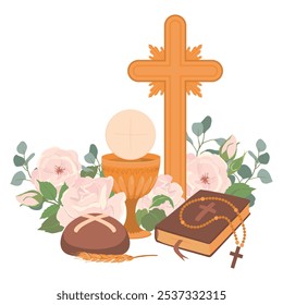 Symbols of the First Communion. Vector. Golden wine cup, Grail, bread, Bible, rosary, wine, white roses and crucifix. Festively decorated altar. Symbolizes the sacred sacrifice of Jesus Christ.